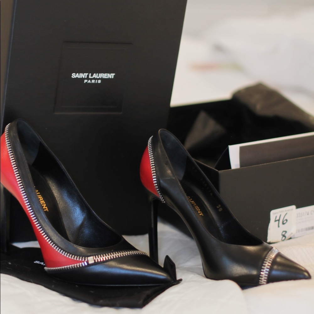 “Paris” Saint Laurent Leather Zipper Heels - 38